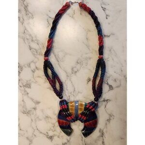 Vintage Vibrant Colorful Beaded Necklace With Bold Statement Pendant Boho
